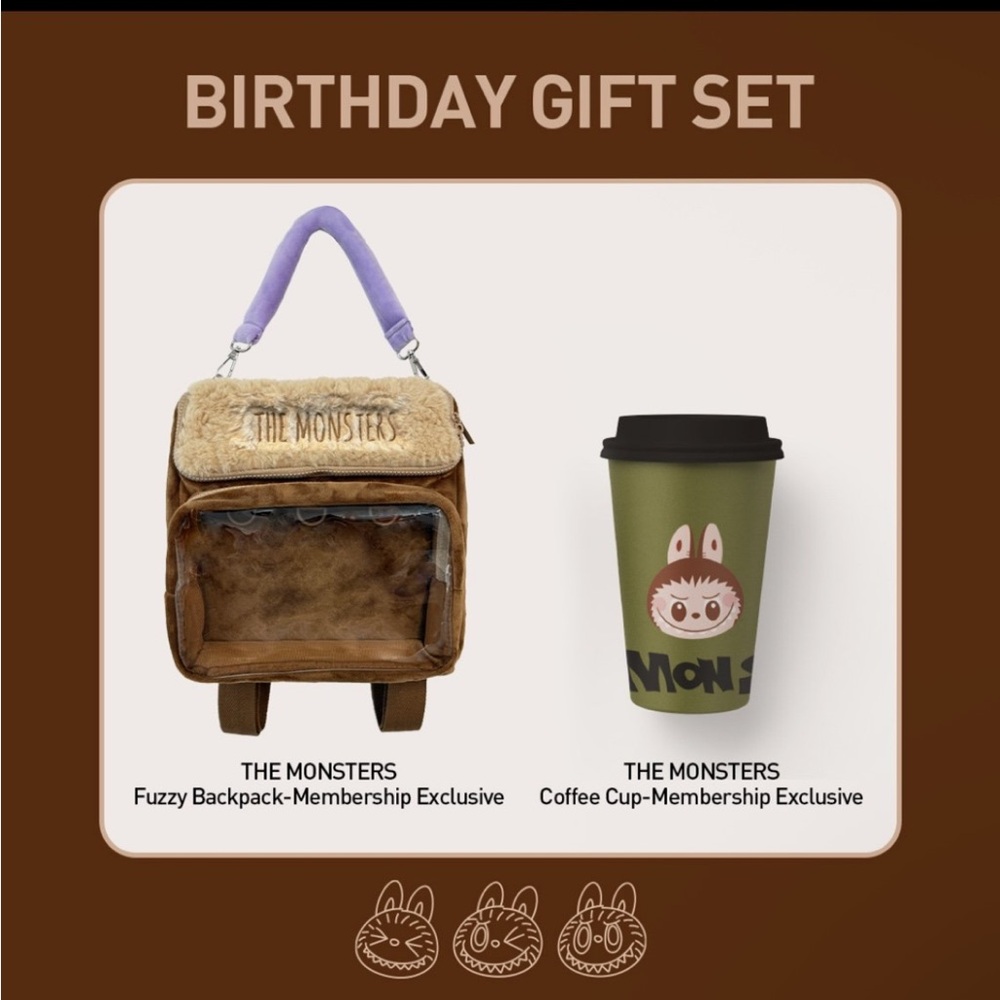 The Monsters fuzzy backpack and coffee cup